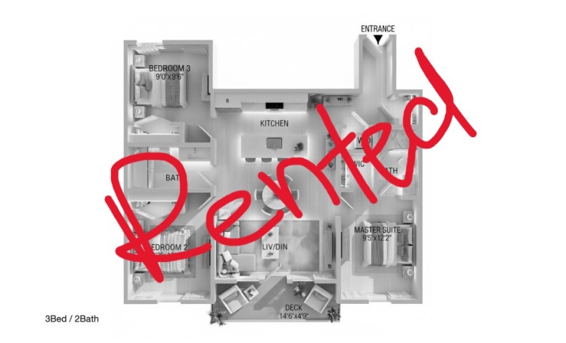 3BD/2BA - 3 bedroom floorplan layout with 2 bathrooms and 1000 square feet