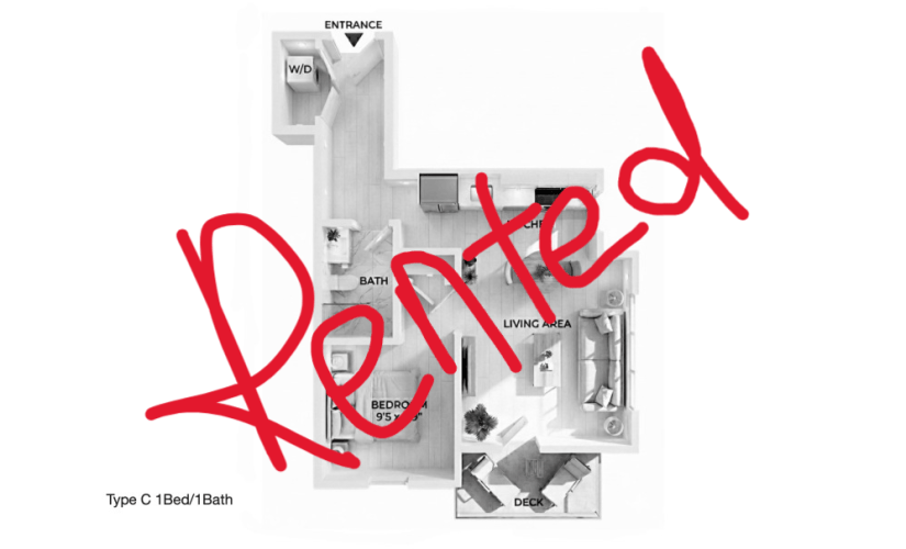 Type C 1BD/1BA - 1 bedroom floorplan layout with 1 bathroom and 600 square feet