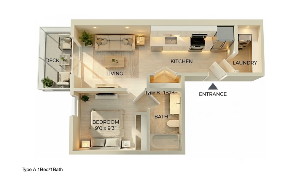 Type A 1BD/1BA - 1 bedroom floorplan layout with 1 bathroom and 550 square feet