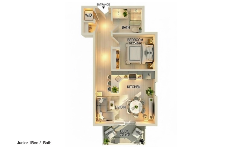 Junior 1BD/1BA - 1 bedroom floorplan layout with 1 bathroom and 500 square feet