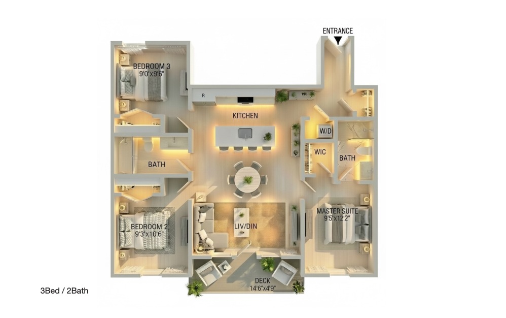 3BD/2BA - 3 bedroom floorplan layout with 2 bathrooms and 1000 square feet