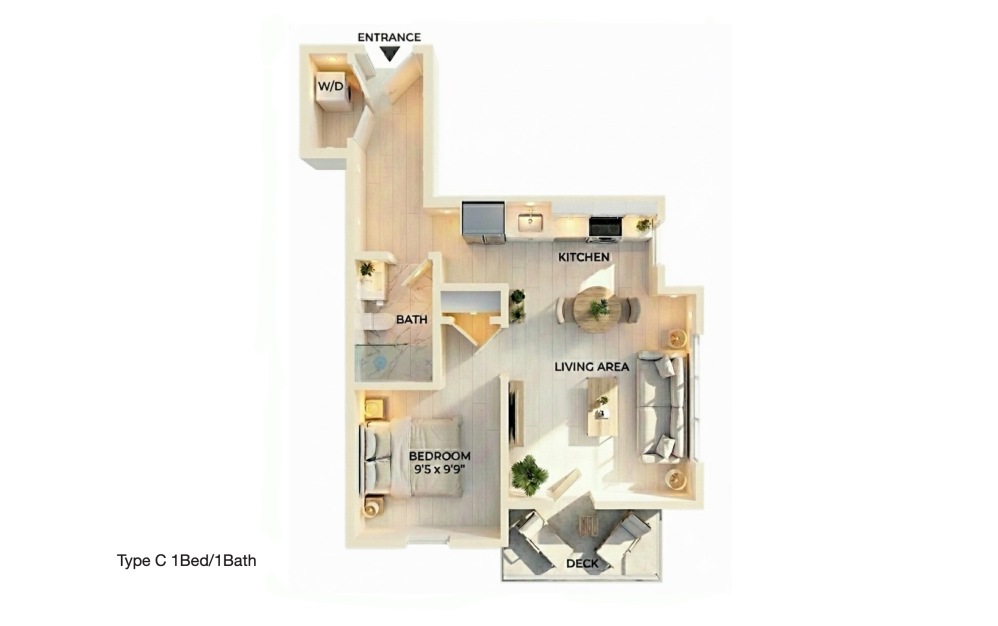 Type C 1BD/1BA - 1 bedroom floorplan layout with 1 bathroom and 600 square feet