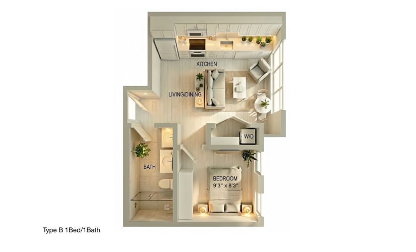 Type B 1BD/1BA - 1 bedroom floorplan layout with 1 bathroom and 550 square feet