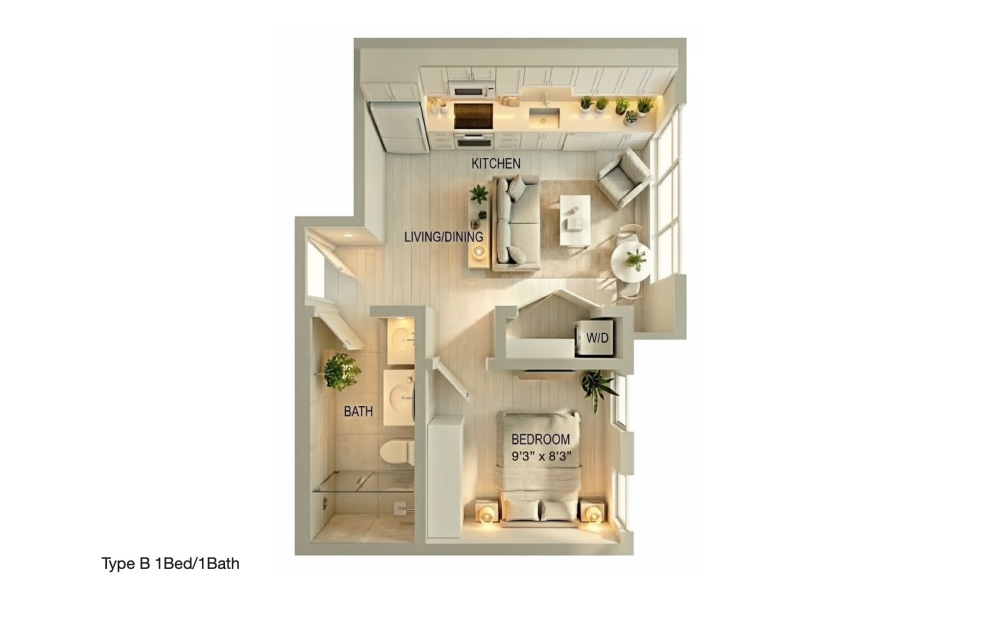 Type B 1BD/1BA - 1 bedroom floorplan layout with 1 bathroom and 550 square feet